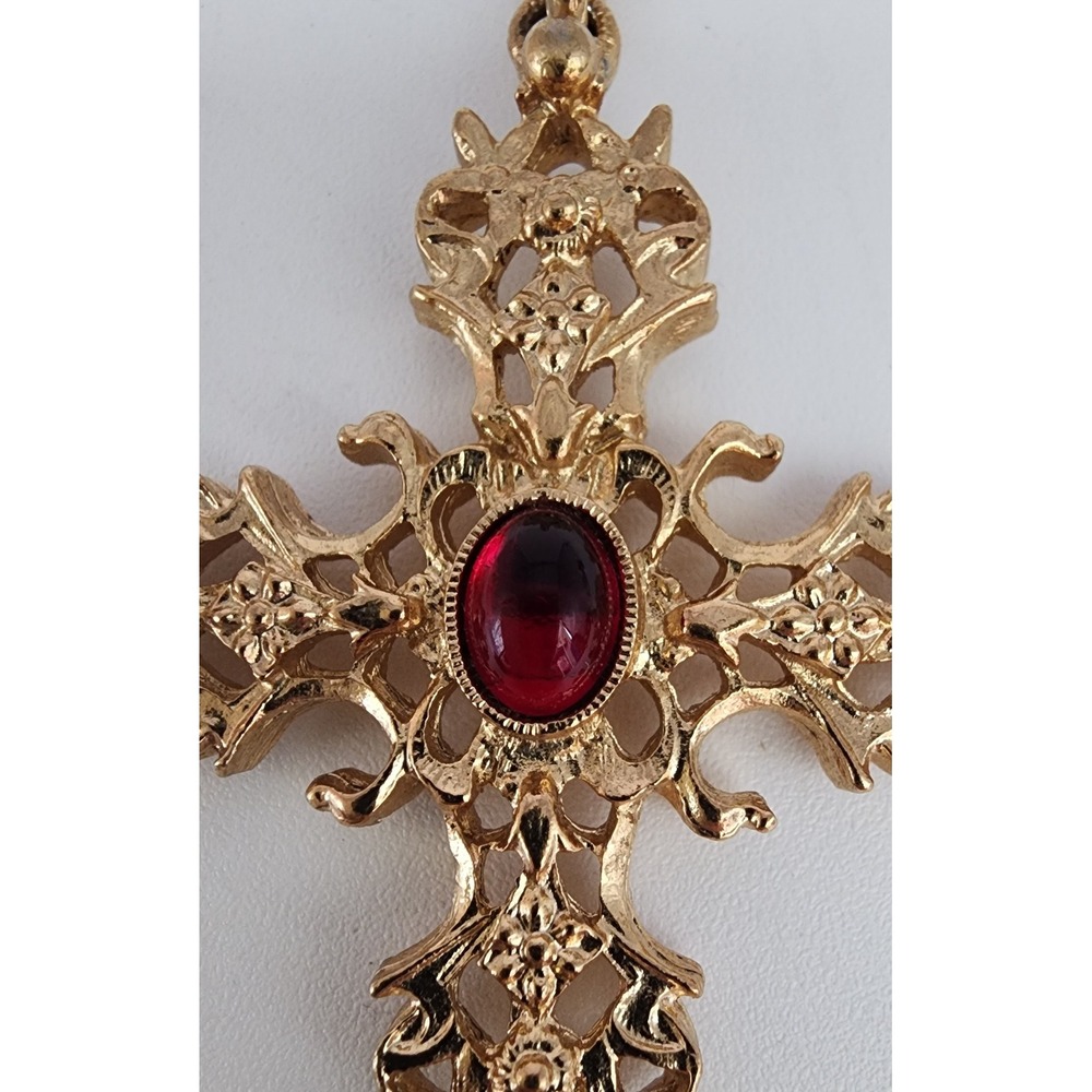 1970s Avon Signed Red Cabochon Cross Pendant Large 2 3/4" Gothic Vintage - Picture 4 of 10
